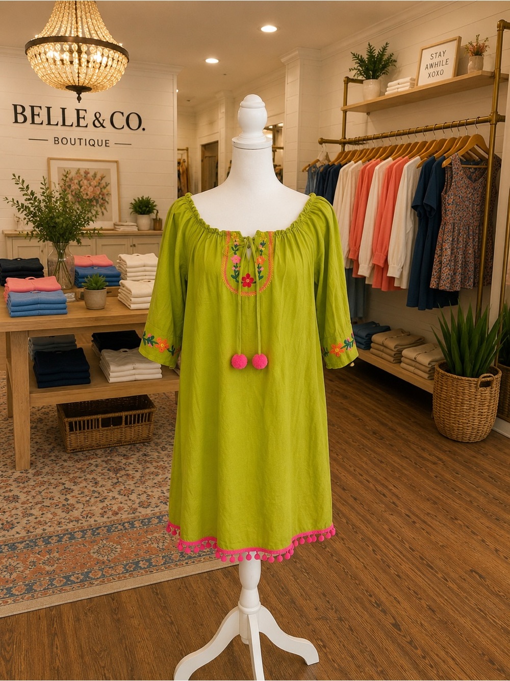 Easel Lime Green Embroidered Pompom Tunic Dress NWT 100% Cotton Small oversized